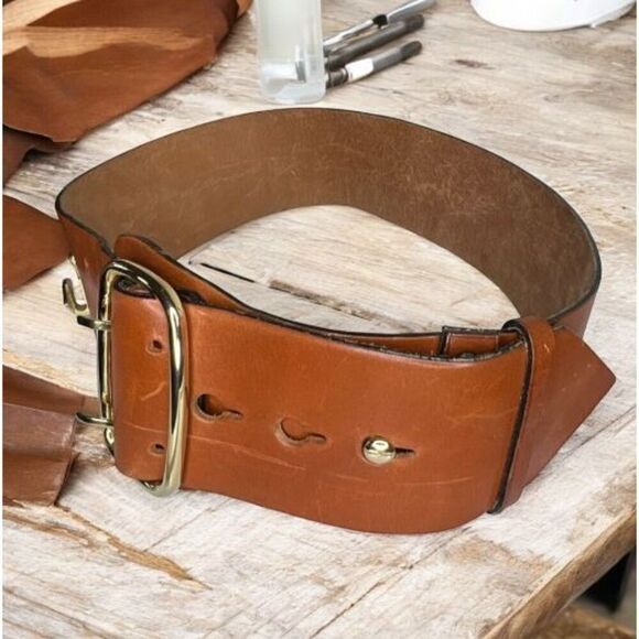 Karl Lagerfeld Vintage Wide Brown Leather Belt With Gold Fan 28-32” main image 6